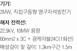 기기:2MW, 직접구동형 영구자석발전기, 해저 전력선:22.9kV, 10MW 용량, 60mm2 x 3C + 광케이블24C(1회선), 매설길이 및 깊이: 1.3km구간 1.5m