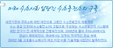 미래 수소사회 앞당긴 수소충전소의 구축
          
내연기관과 주유소에 대한 대안으로 그동안 수소연료전지 자동차와 수소 공급 인프라(수소충전소)의 조합으로 구성되는 수소연료전지 시스템에 대한 연구가 전 세계적으로 진행되었으며, 2000년대 들어 우리나라에서도 관심이 확대되었다. 국내에서는 정부의 적극적인 관심 속에 2003년 9월 고효율수소에너지 제조·저장·이용 기술개발사업단이 발족하였다.