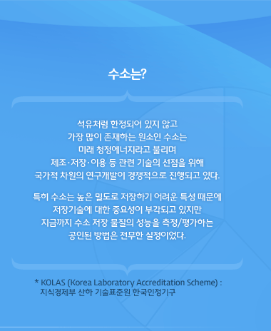 수소는? 석유처럼 한정되어 있지 않고 가장 많이 존재하는 원소인 수소는 미래 청정에너지라고 불리며 제조·저장·이용 등 관련 기술의 선점을 위해 국가적 차원의 연구개발이 경쟁적으로 진행되고 있다. 특히 수소는 높은 밀도로 저장하기 어려운 특성 때문에 저장기술에 대한 중요성이 부각되고 있지만 지금까지 수소 저장 물질의 성능을 측정/평가하는 공인된 방법은 전무한 실정이었다. * KOLAS (Korea Laboratory Accreditation Scheme) : 지식경제부 산하 기술표준원 한국인정기구