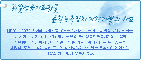 휘발성유기화합물 흡착농축장치 자체 개발의 위업
          
KIER는 1998년 인체에 유해하고 공해를 유발하는 물질인 휘발성유기화합물을 제거하기 위한 500N㎥/hr 처리 규모의 중소형흡착농축장치의 개발에 착수했다. KIER에서 연구 개발하게 된 휘발성유기화합물 흡착농축용 세라믹 로터는 공기 중에 포함된 휘발성유기화합물을 흡착하여 제거하는 역할을 하는 핵심부품이었다.