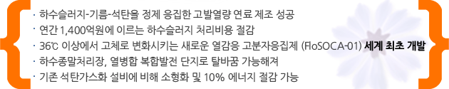 하수슬러지-기름-석탄을 정제 응집한 고발열량 연료 제조 성공 
연간 1,400억원에 이르는 하수슬러지 처리비용 절감
36℃ 이상에서 고체로 변화시키는 새로운 열감응 고분자응집제 (FloSOCA-01) 세계 최초 개발 
하수종말처리장, 열병합 복합발전 단지로 탈바꿈 가능해져
기존 석탄가스화 설비에 비해 소형화 및 10% 에너지 절감 가능