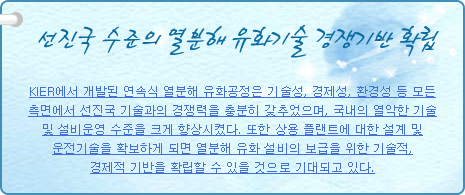 선진국 수준의 열분해 유화기술 경쟁기반 확립
          
KIER에서 개발된 연속식 열분해 유화공정은 기술성, 경제성, 환경성 등 모든 측면에서 선진국 기술과의 경쟁력을 충분히 갖추었으며, 국내의 열악한 기술및 설비운영 수준을 크게 향상시켰다. 또한 상용 플랜트에 대한 설계 및 운전기술을 확보하게 되면 열분해 유화 설비의 보급을 위한 기술적, 경제적 기반을 확립할 수 있을 것으로 기대되고 있다.