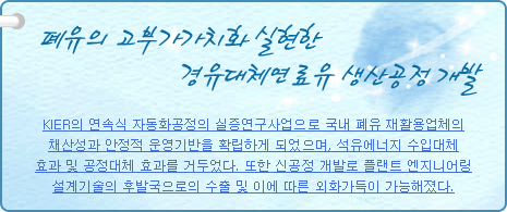 폐유의 고부가가치화 실현한 경유대체연료유 생산공정 개발
          
KIER의 연속식 자동화공정의 실증연구사업으로 국내 폐유 재활용업체의 채산성과 안정적 운영기반을 확립하게 되었으며, 석유에너지 수입대체 효과 및 공정대체 효과를 거두었다. 또한 신공정 개발로 플랜트 엔지니어링 설계기술의 후발국으로의 수출 및 이에 따른 외화가득이 가능해졌다.