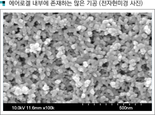 에어로겔 내부에 존재하는 많은 기공(전자현미경 사진)