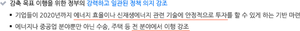 감축 목표 이행을 위한 정부의 강력하고 일관된 정책 의지 강조
- 기업들이 2020년까지 에너지 효율이나 신재생에너지 관련 기술에 안정적으로 투자를 할 수 있게 하는 기반 마련
- 에너지나 중공업 분야뿐만 아닌 수송, 주택 등 전 분야에서 이행 강조