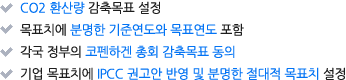 - CO2 환산량 감축목표 설정, - 목표치에 분명한 기준연도와 목표연도 포함, - 각국 정부의 코펜하겐 총회 감축목표 동의, - 기업 목표치에 IPCC 권고안 반영 및 분명한 절대적 목표치 설정