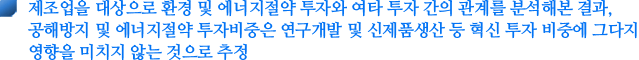 제조업을 대상으로 환경 및 에너지절약 투자와 여타 투자 간의 관계를 분석해본 결과, 공해방지 및 에너지절약 투자비중은 연구개발 및 신제품생산 등 혁신 투자 비중에 그다지 영향을 미치지 않는 것으로 추정