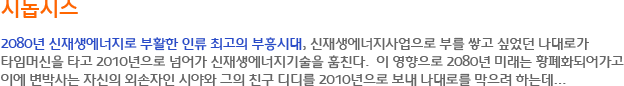 시놉시스 - 2080년 신재생에너지로 부활한 인류 최고의 부흥시대, 신재생에너지사업으로 부를 쌓고 싶었던 나대로가 타임머신을 타고 2010년으로 넘어가 신재생에너지기술을 훔친다. 이 영향으로 2080년 미래는 황폐화되어가고 이에 변박사는 자신의 외손자인 시야와 그의 친구 디디를 2010년으로 보내 나대로를 막으려 하는데...