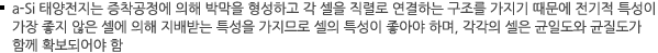 a-Si 태양전지는 증착공정에 의해 박막을 형성하고 각 셀을 직렬로 연결하는 구조를 가지기 때문에 전기적 특성이 가장 좋지 않은 셀에 의해 지배받는 특성을 가지므로 셀의 특성이 좋아야 하며, 각각의 셀은 균일도와 균질도가 함께 확보되어야 함