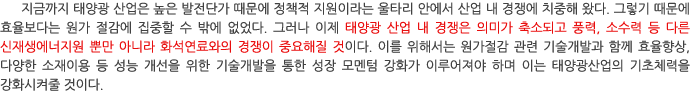 지금까지 태양광 산업은 높은 발전단가 때문에 정책적 지원이라는 울타리 안에서 산업 내 경쟁에 치중해 왔다. 그렇기 때문에 효율보다는 원가 절감에 집중할 수 밖에 없었다. 그러나 이제 태양광 산업 내 경쟁은 의미가 축소되고 풍력, 소수력 등 다른 신재생에너지원 뿐만 아니라 화석연료와의 경쟁이 중요해질 것이다. 이를 위해서는 원가절감 관련 기술개발과 함께 효율향상, 다양한 소재이용 등 성능 개선을 위한 기술개발을 통한 성장 모멘텀 강화가 이루어져야 하며 이는 태양광산업의 기초체력을 강화시켜줄 것이다.