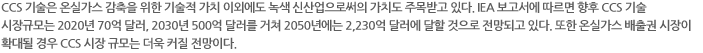 CCS 기술은 온실가스 감축을 위한 기술적 가치 이외에도 녹색 신산업으로써의 가치도 주목받고 있다. IEA 보고서에 따르면 향후 CCS 기술 시장규모는 2020년 70억 달러, 2030년 500억 달러를 거쳐 2050년에는 2,230억 달러에 달할 것으로 전망되고 있다. 또한 온실가스 배출권 시장이 확대될 경우 CCS 시장 규모는 더욱 커질 전망이다. 