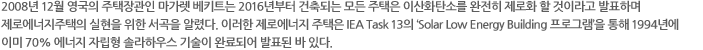 2008년 12월 영국의 주택장관인 마가렛 베키트는 2016년부터 건축되는 모든 주택은 이산화탄소를 완전히 제로화 할 것이라고 발표하며 제로에너지주택의 실현을 위한 서곡을 알렸다. 이러한 제로에너지 주택은 IEA Task 13의 ‘Solar Low Energy Building 프로그램’을 통해 1994년에 이미 70% 에너지 자립형 솔라하우스 기술이 완료되어 발표된 바 있다. 