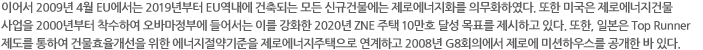 이어서 2009년 4월 EU에서는 2019년부터 EU역내에 건축되는 모든 신규건물에는 제로에너지화를 의무화하였다. 또한 미국은 제로에너지건물 사업을 2000년부터 착수하여 오바마정부에 들어서는 이를 강화한 2020년 ZNE 주택 10만호 달성 목표를 제시하고 있다. 또한, 일본은 Top Runner 제도를 통하여 건물효율개선을 위한 에너지절약기준을 제로에너지주택으로 연계하고 2008년 G8회의에서 제로에 미션하우스를 공개한 바 있다. 