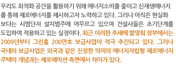 우리도 최적화 공간을 활용하기 위해 에너지소비를 줄이고 신재생에너지를 통해 제로에너지를 제시하고자 노력하고 있다. 그러나 아직은 현실화보다는 시범단지 설치범주에 머무르고 있으며 건설사들은 초기단계를 도입하여 적용하고 있는 실정이다. 최근 이러한 추세에 발맞춰 정부에서는 2009년부터 그린홈 200만호 보급사업이 적극 추진되고 있다. 그러나 국내의 보급사업은 외국과 같은 진정한 의미의 에너지자립형 제로에너지 주택의 개념과는 제로에미션 측면에서 차이가 있다.