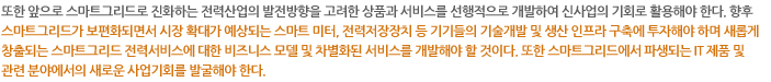 또한 앞으로 스마트그리드로 진화하는 전력산업의 발전방향을 고려한 상품과 서비스를 선행적으로 개발하여 신사업의 기회로 활용해야 한다. 향후 스마트그리드가 보편화되면서 시장 확대가 예상되는 스마트 미터, 전력저장장치 등 기기들의 기술개발 및 생산 인프라 구축에 투자해야 하며 새롭게 창출되는 스마트그리드 전력서비스에 대한 비즈니스 모델 및 차별화된 서비스를 개발해야 할 것이다. 또한 스마트그리드에서 파생되는 IT 제품 및 관련 분야에서의 새로운 사업기회를 발굴해야 한다. 