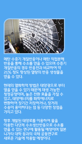 메탄 수증기 개질반응이나 메탄 직접분해 반응을 통해 수소를 얻을 수 있으며 수증기 개질반응의 경우 반응전과 비교하여 약 25% 정도 향상된 열량의 반응 생성물을 얻을 수 있다.
	
현재의 열화학적 방법은 태양광으로 부터 열을 얻을 수 있기 때문에 재생 가능한 청정공정이며, 높은 전환 효율을 가질 수 있고, 태양에너지를 화학에너지로 변환하여 장기간 저장하거나, 장거리 수송이 용이하다는 점 등 다양한 장점을 가지고 있다.
	
향후 개발된 태양로를 이용하여 물을 이용한 다단계 수소생산반응으로 수소를 얻을 수 있는 연구에 활용될 예정이며 일본 니가타 대학 등과의 국제 공동연구로 새로운 기술에 적용할 예정이다.