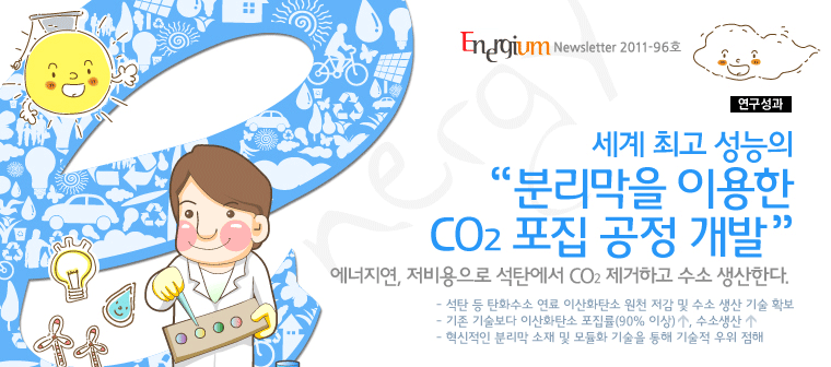 세계 최고 성능의
분리막을 이용한 CO2 포집 공정 개발 <br />
에너지연, 저비용으로 석탄에서 CO2 제거하고 수소 생산한다.<br />
- 석탄 등 탄화수소 연료 이산화탄소 원천 저감 및 수소 생산 기술 확보<br />
- 기존 기술보다 이산화탄소 포집률(90% 이상)   , 수소생산<br />
- 혁신적인 분리막 소재 및 모듈화 기술을 통해 기술적 우위 점해