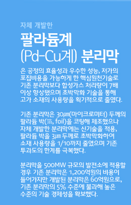 자체 개발한
팔라듐계
(Pd-Cu계) 분리막
은 공정의 효율성과 우수한 성능, 저가의 포집비용을 가능하게 한 핵심원천기술로 기존 분리막보다 합성가스 처리량이 7배 이상 향상됐으며 초박막화 기술을 통해 고가 소재의 사용량을 획기적으로 줄였다. 

기존 분리막은 30㎛(마이크로미터) 두께의 팔라듐 박(箔, foil)을 코팅해 제조했으나 자체 개발한 분리막에는 신기술을 적용, 팔라듐 박을 3㎛ 두께로 초박막화하여 소재 사용량을 1/10까지 줄였으며 기존 투과도의 한계를 극복했다.      

분리막을 500MW 규모의 발전소에 적용할 경우 기존 분리막은 1,200억원의 비용이 들어가지만 개발된 분리막은 60억원으로, 기존 분리막의 5% 수준에 불과해 높은 수준의 기술 경제성을 확보했다.